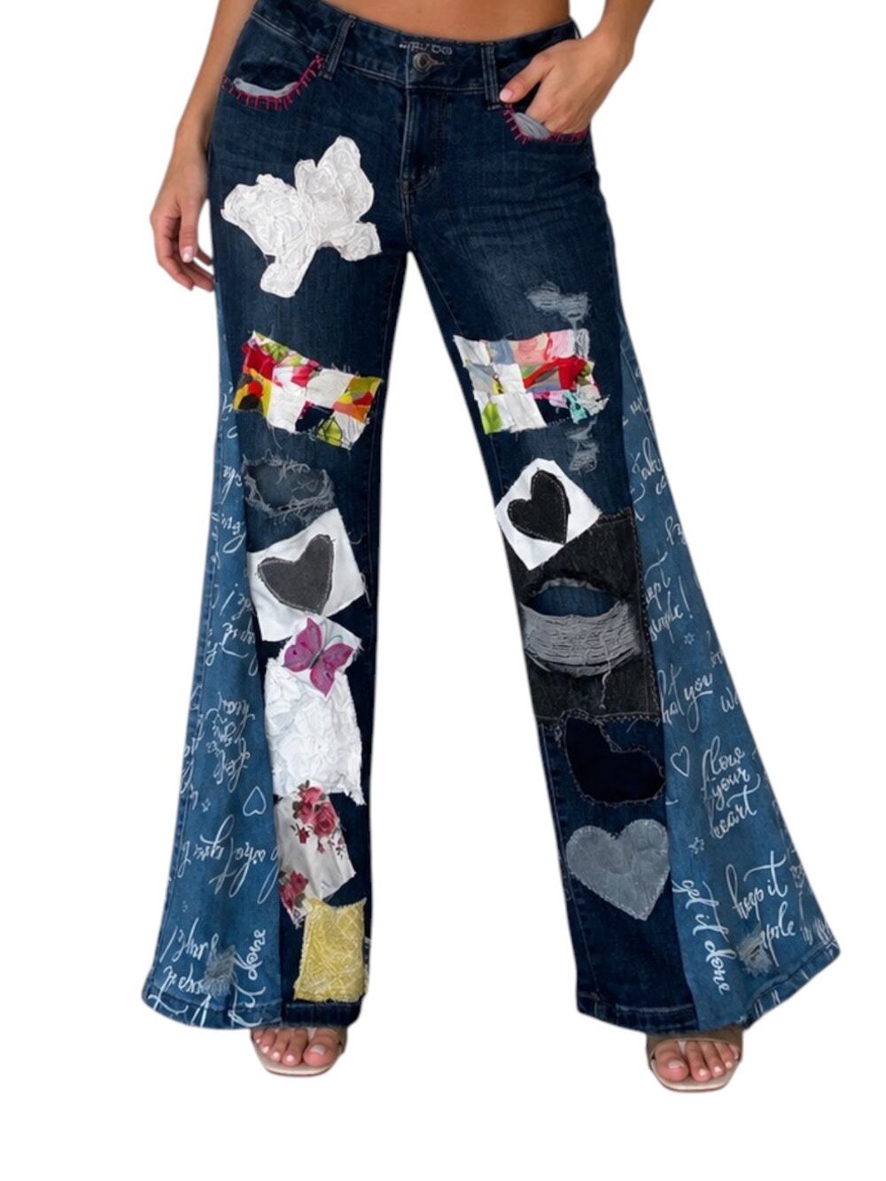 Maurices Women’s Medium Upcycled Patchwork Flare Jeans Boho Butterfly OOAK